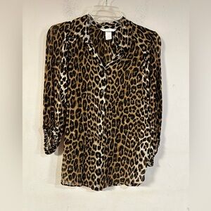 H&M Cheetah Print Button Up Blouse 3/4 Dolman Sleeve Size Medium